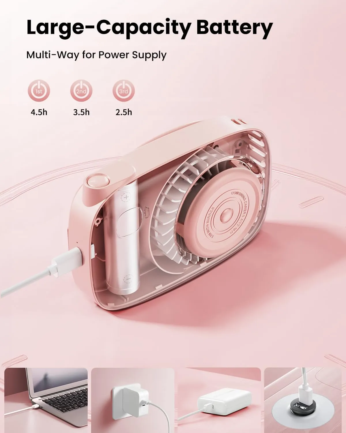 Gaiatop Mini Neck Fan, Rechargeable LED Power Display 3 Speed 360Rotate Lash Makeup Mirror Cute Camera Design, Small Portable USB Handheld Desk Fans Personal Cooling Travel Essentials Pink