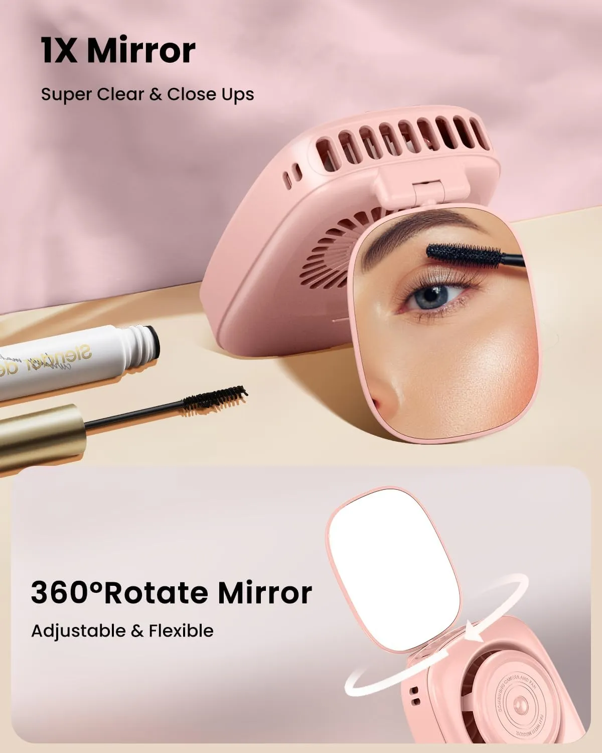 Gaiatop Mini Neck Fan, Rechargeable LED Power Display 3 Speed 360Rotate Lash Makeup Mirror Cute Camera Design, Small Portable USB Handheld Desk Fans Personal Cooling Travel Essentials Pink