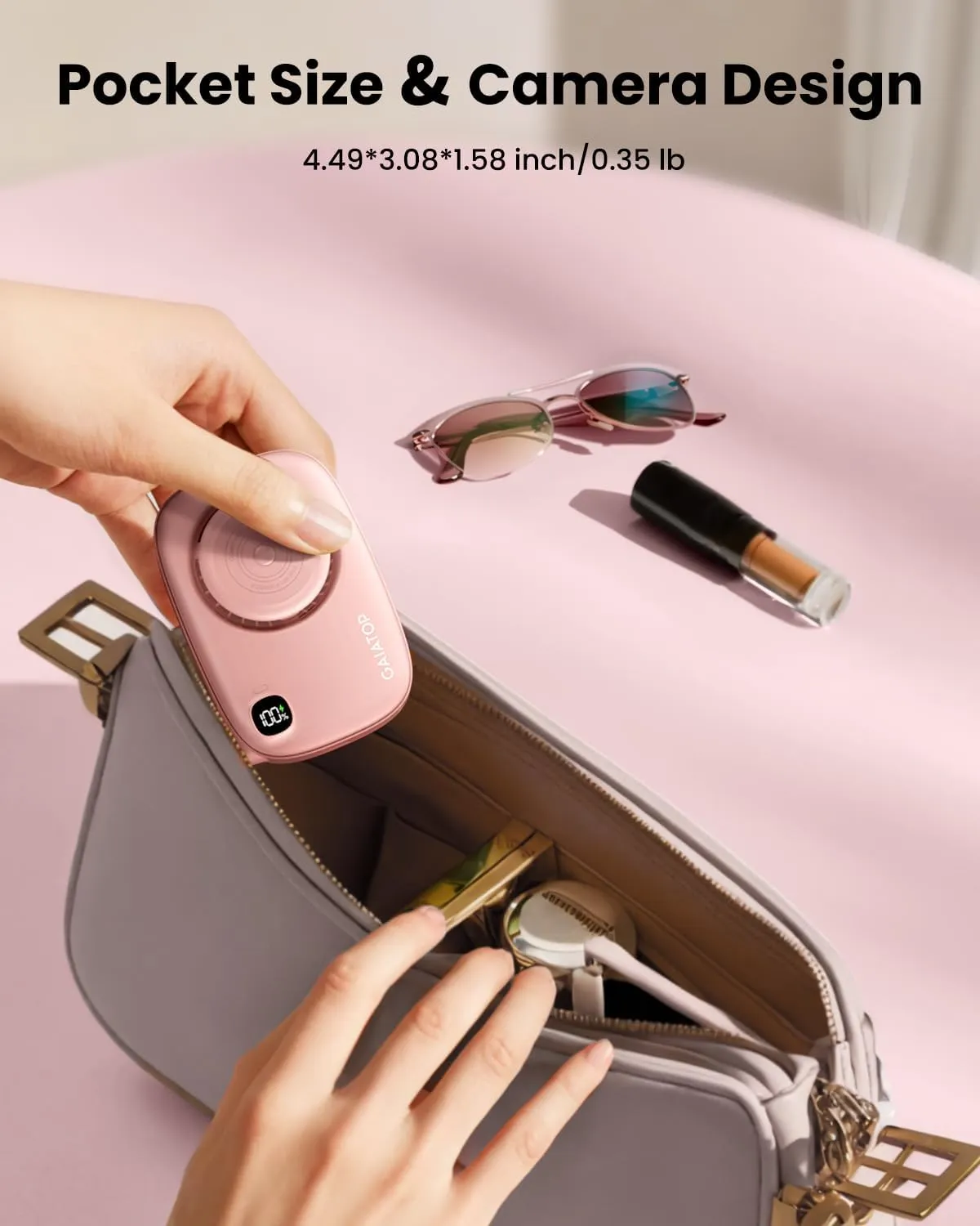 Gaiatop Mini Neck Fan, Rechargeable LED Power Display 3 Speed 360Rotate Lash Makeup Mirror Cute Camera Design, Small Portable USB Handheld Desk Fans Personal Cooling Travel Essentials Pink