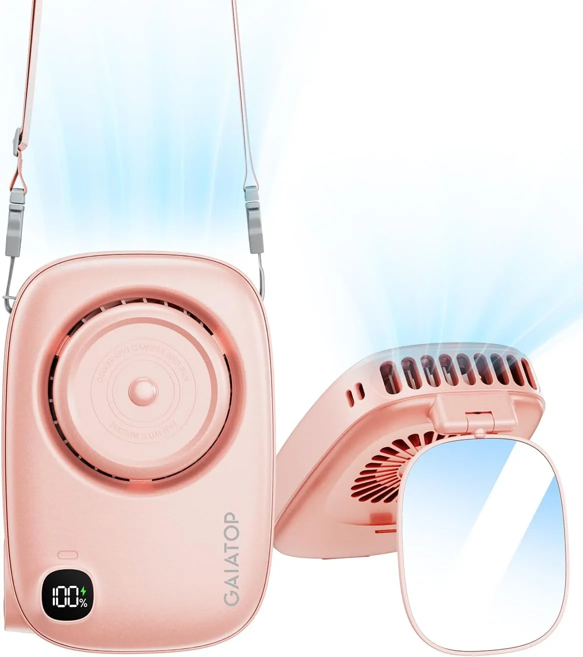 Gaiatop Mini Neck Fan, Rechargeable LED Power Display 3 Speed 360Rotate Lash Makeup Mirror Cute Camera Design, Small Portable USB Handheld Desk Fans Personal Cooling Travel Essentials Pink Neck fan for hands-free comfort