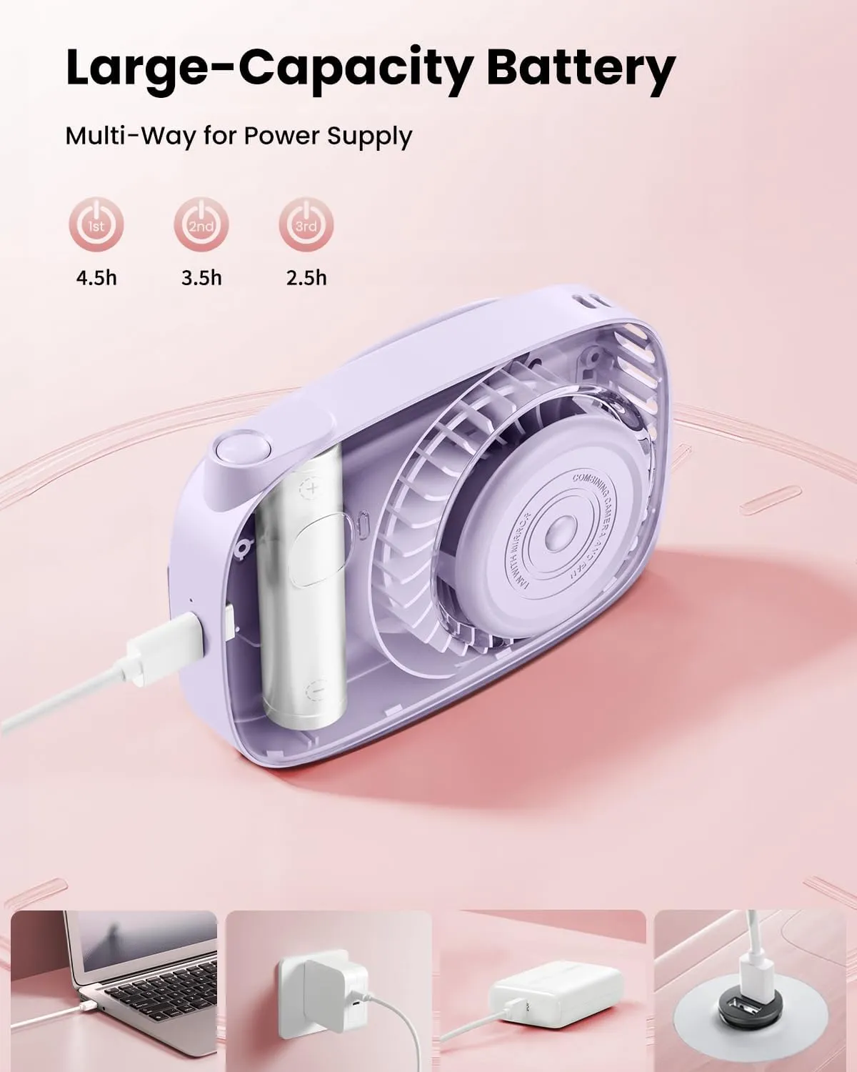 Gaiatop Mini Neck Fan, Rechargeable LED Power Display 3 Speed 360Rotate Lash Makeup Mirror Cute Camera Design, Small Portable USB Handheld Desk Fans Personal Cooling Travel Essentials Purple