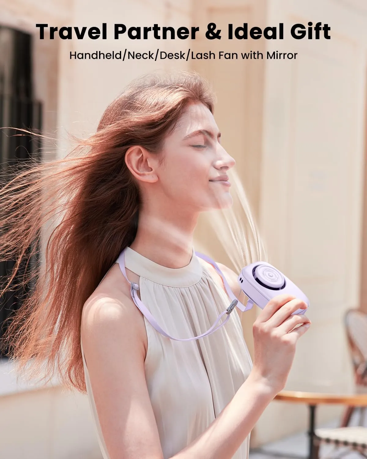 Gaiatop Mini Neck Fan, Rechargeable LED Power Display 3 Speed 360Rotate Lash Makeup Mirror Cute Camera Design, Small Portable USB Handheld Desk Fans Personal Cooling Travel Essentials Purple