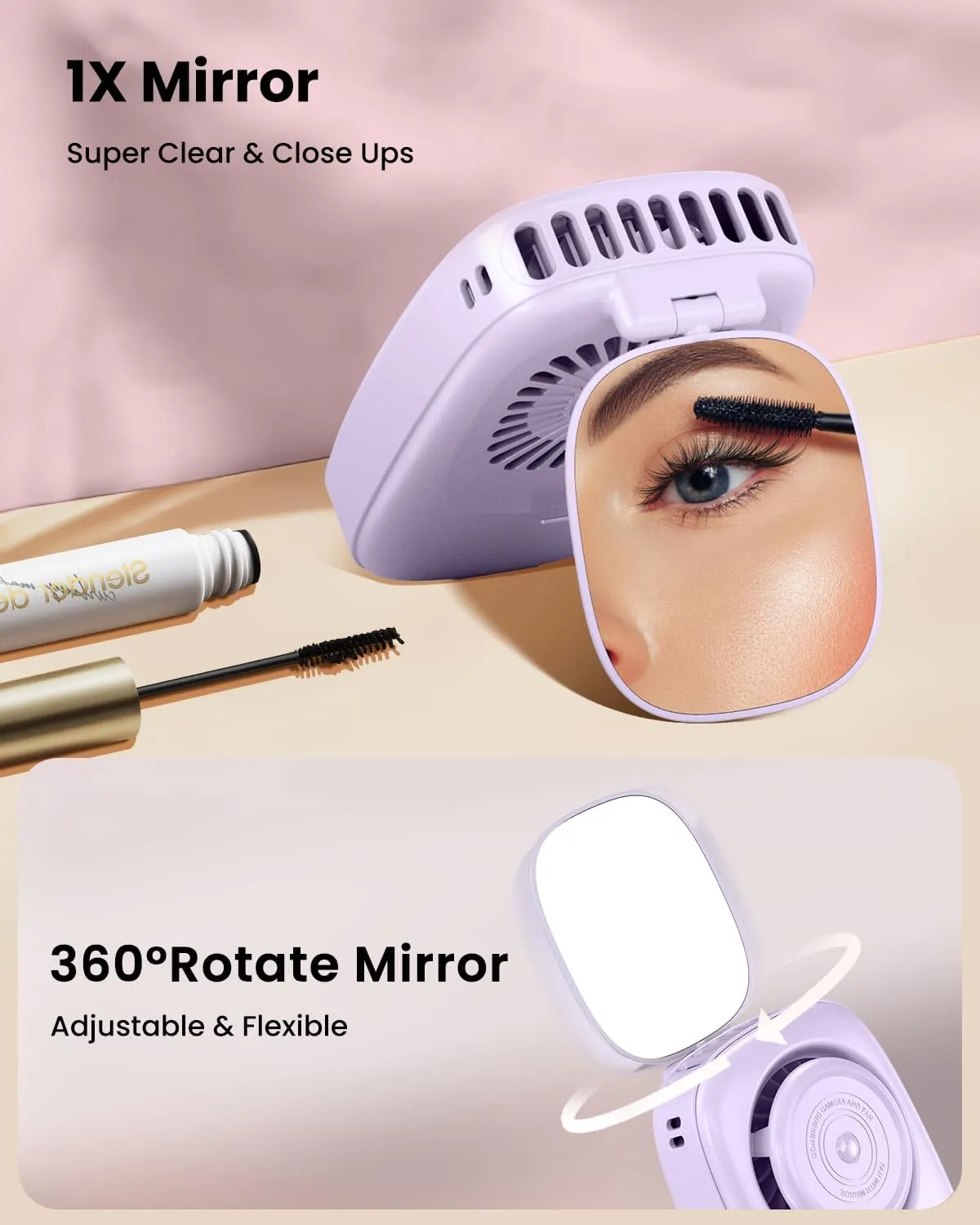 Gaiatop Mini Neck Fan, Rechargeable LED Power Display 3 Speed 360Rotate Lash Makeup Mirror Cute Camera Design, Small Portable USB Handheld Desk Fans Personal Cooling Travel Essentials Purple