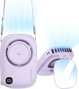 Gaiatop Mini Neck Fan, Rechargeable LED Power Display 3 Speed 360Rotate Lash Makeup Mirror Cute Camera Design, Small Portable USB Handheld Desk Fans Personal Cooling Travel Essentials Purple Neck fan for hands-free comfort