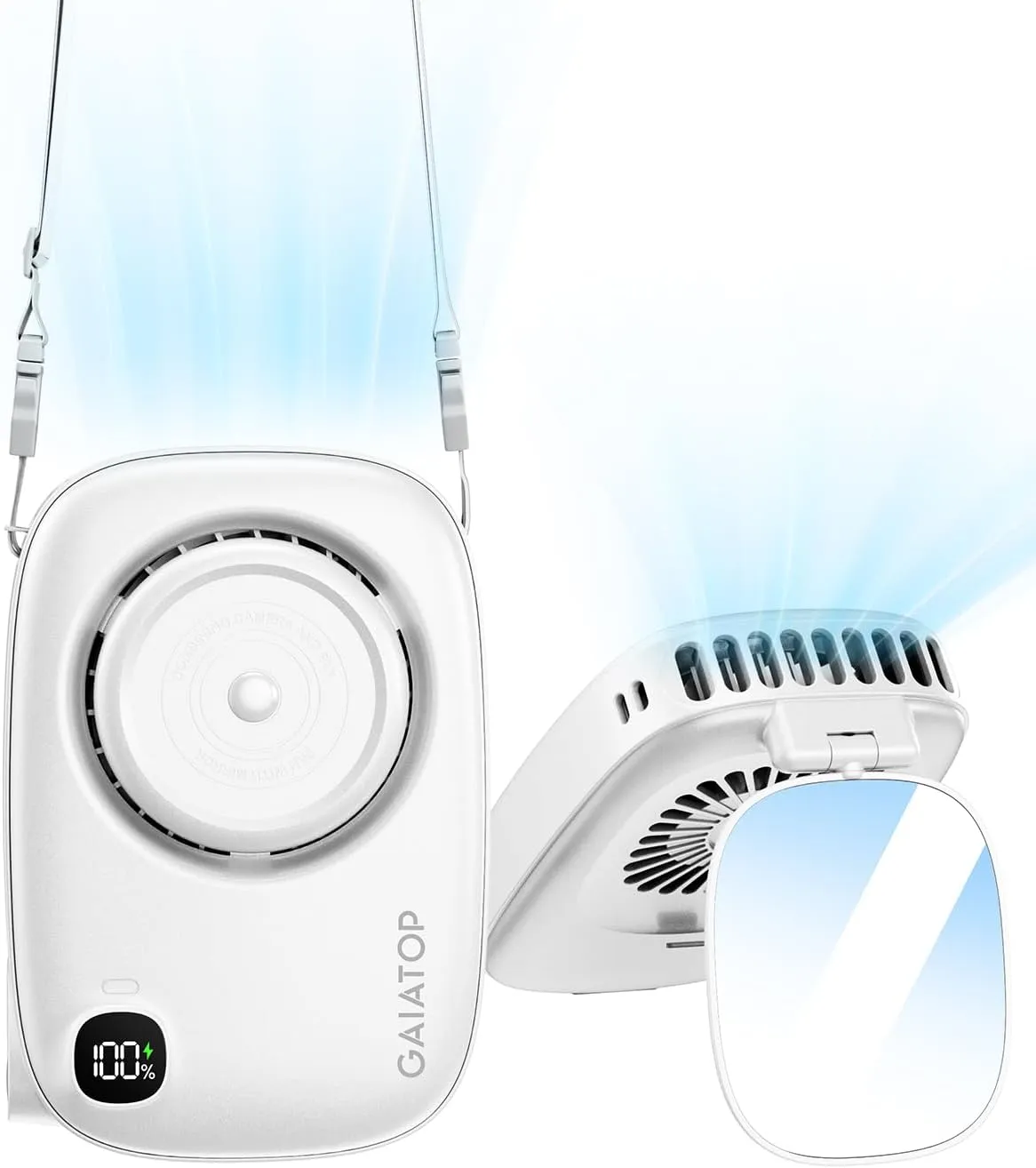 Gaiatop Mini Neck Fan, Rechargeable LED Power Display 3 Speed 360Rotate Lash Makeup Mirror Cute Camera Design, Small Portable USB Handheld Desk Fans Personal Cooling Travel Essentials White Neck fan for hands-free comfort