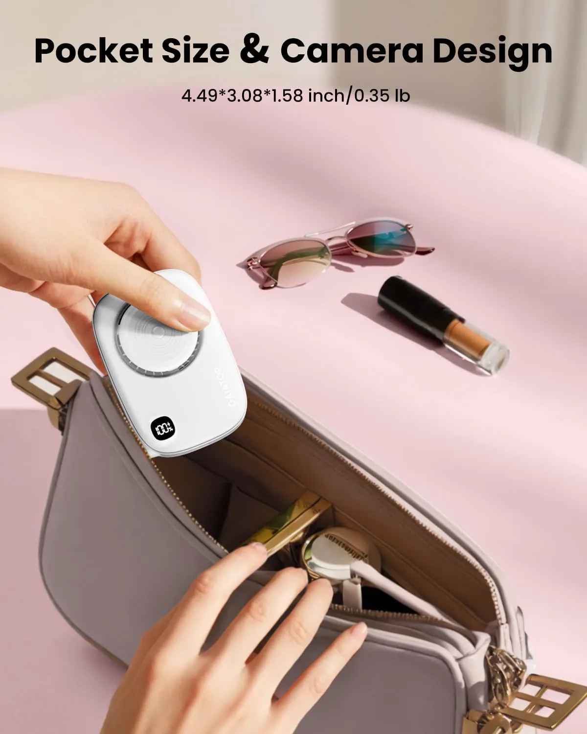 Gaiatop Mini Neck Fan, Rechargeable LED Power Display 3 Speed 360Rotate Lash Makeup Mirror Cute Camera Design, Small Portable USB Handheld Desk Fans Personal Cooling Travel Essentials White