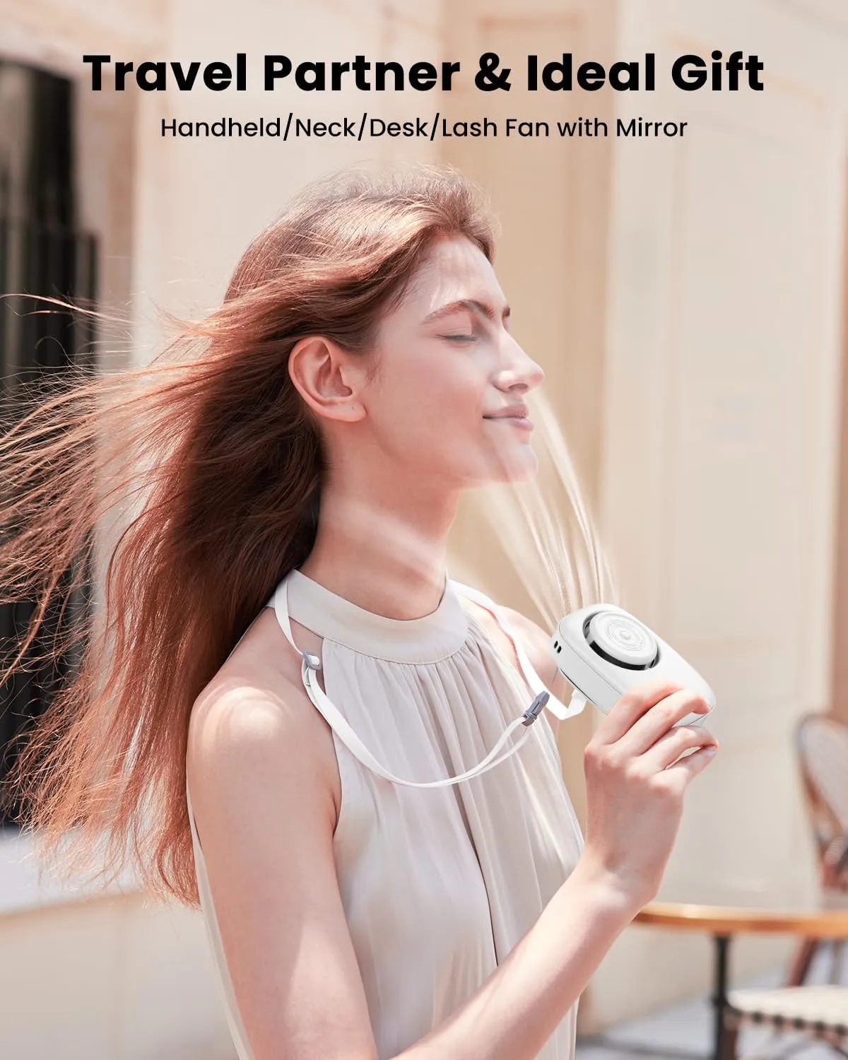 Gaiatop Mini Neck Fan, Rechargeable LED Power Display 3 Speed 360Rotate Lash Makeup Mirror Cute Camera Design, Small Portable USB Handheld Desk Fans Personal Cooling Travel Essentials White