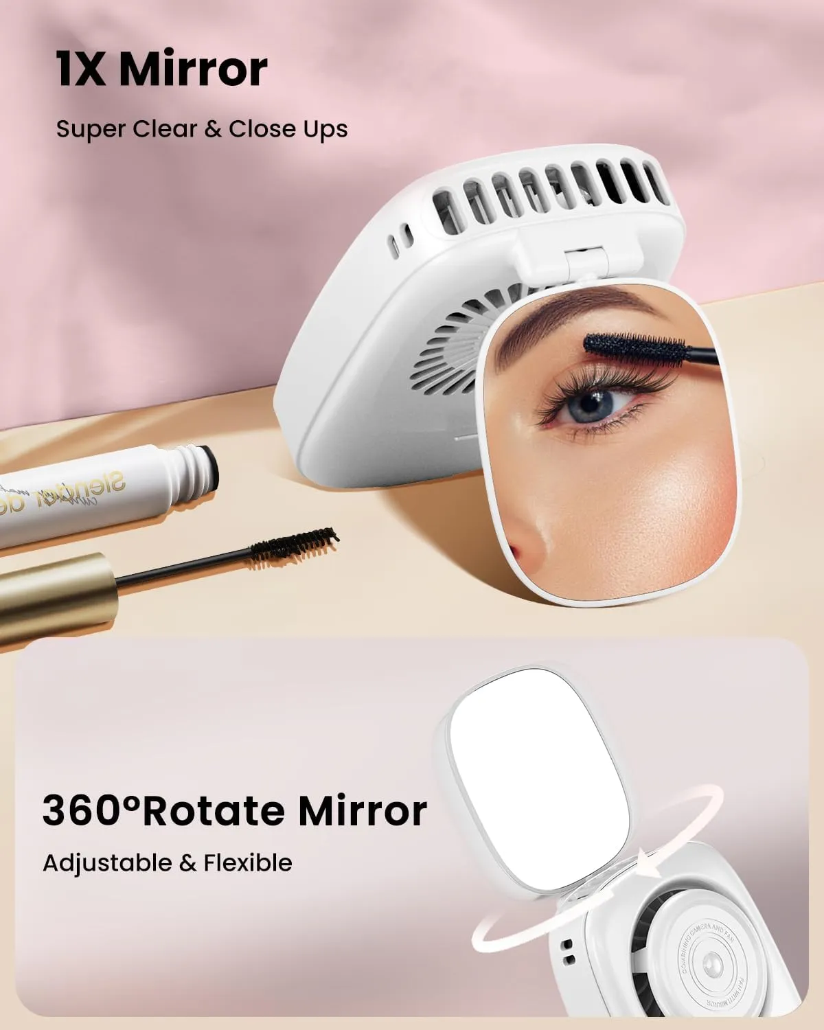 Gaiatop Mini Neck Fan, Rechargeable LED Power Display 3 Speed 360Rotate Lash Makeup Mirror Cute Camera Design, Small Portable USB Handheld Desk Fans Personal Cooling Travel Essentials White