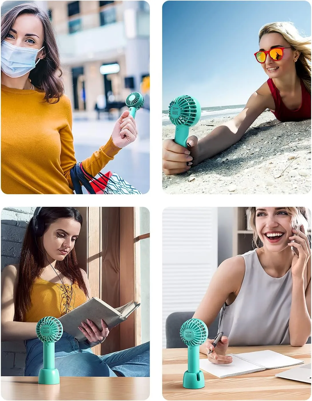 Gaiatop Mini Portable Fan, Small and Powerful, Cute Design 3 Speed Personal Handheld fan and Desktop with Base, Lightweight USB Rechargeable for Travel Lash Makeup Girl Women Summer Gift Green