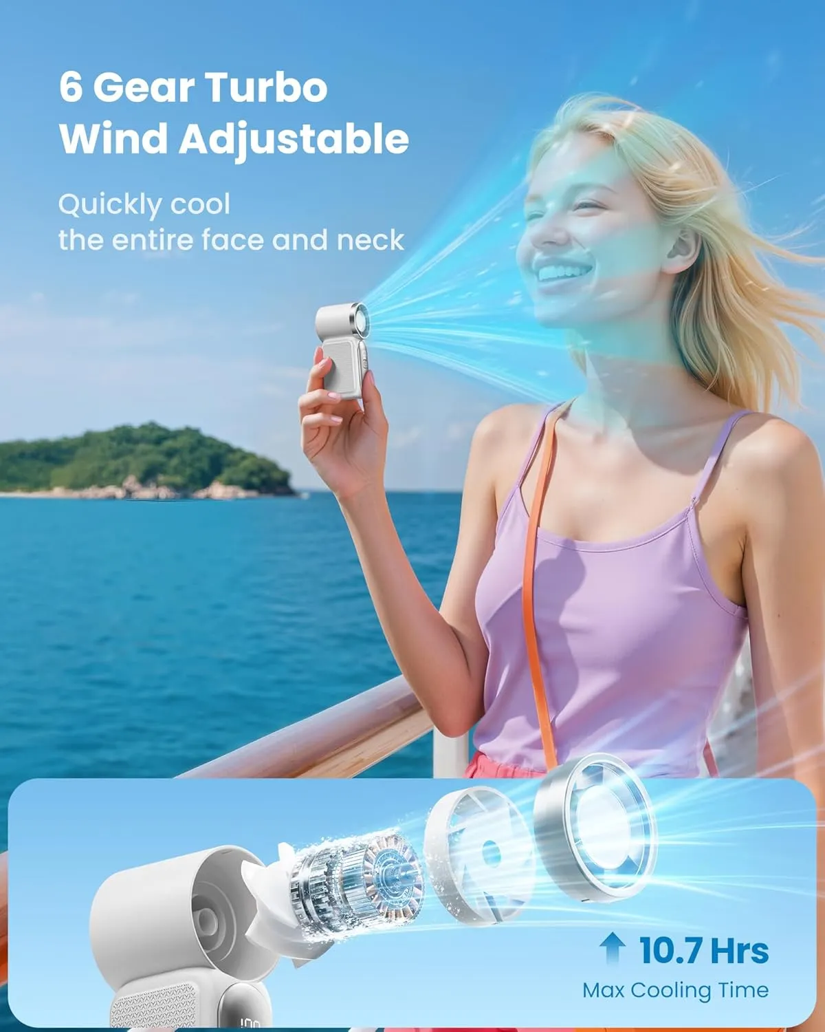 Gaiatop Mini Portable Handheld Fan, 3.5 Inch 16900 RPM High Speed Turbo Fans with LED Display, 6 Speeds Powerful Cooling, USB Rechargeable Battery, Gift for Women, Girl, Men, Travel, Outdoor, White