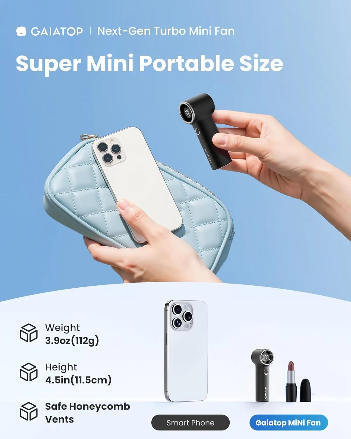 Gaiatop Mini Portable Handheld Fan, Personal Turbo Fans Pocket Size, 15h Max Runtime, High Speed 1-100 Adjustable Powerful Small Hand Fan, Outdoor Travel Concert Essentials, Gifts for Women Men, Black