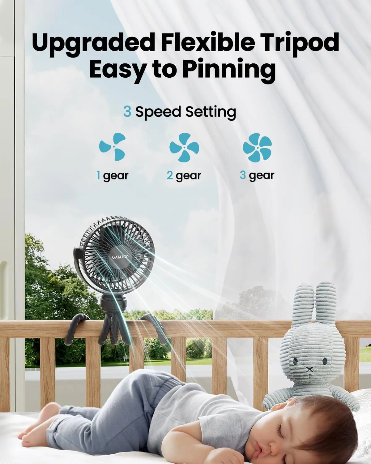 Gaiatop Mini Portable Stroller Fan, Battery Operated Small Clip on, Detachable 3 Speed Rechargeable, 360 Rotate Flexible Tripod Better Cooling for Car Seat Crib Treadmill Travel Black