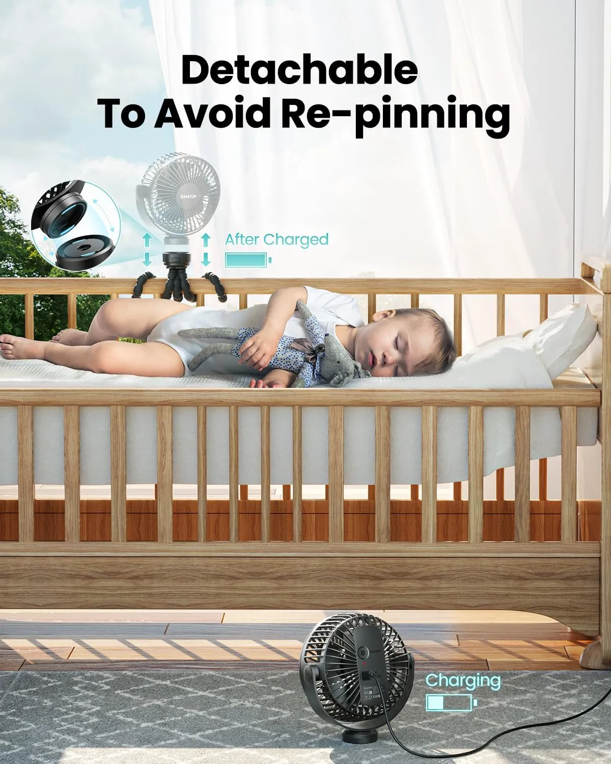 Gaiatop Mini Portable Stroller Fan, Battery Operated Small Clip on, Detachable 3 Speed Rechargeable, 360 Rotate Flexible Tripod Better Cooling for Car Seat Crib Treadmill Travel Black