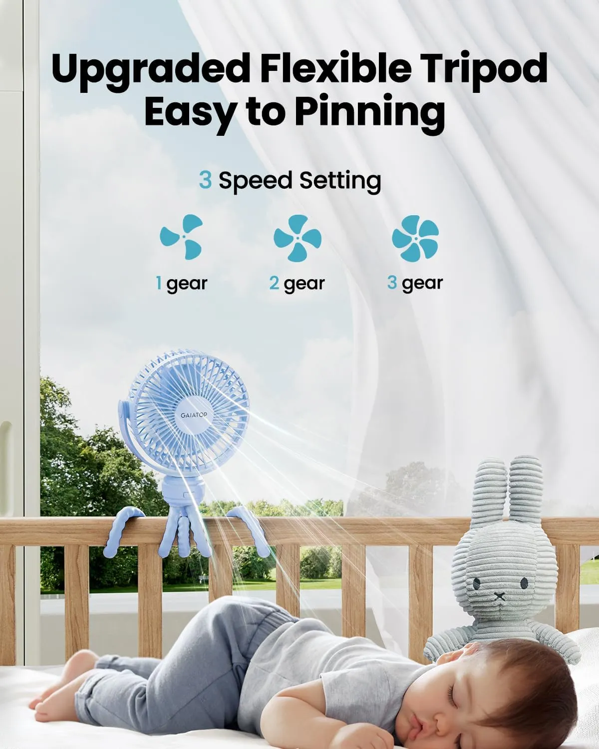 Gaiatop Mini Portable Stroller Fan, Battery Operated Small Clip on, Detachable 3 Speed Rechargeable, 360 Rotate Flexible Tripod Better Cooling for Car Seat Crib Treadmill Travel Blue