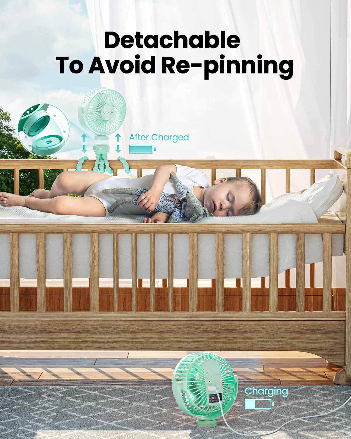 Gaiatop Mini Portable Stroller Fan, Battery Operated Small Clip on, Detachable 3 Speed Rechargeable, 360 Rotate Flexible Tripod Better Cooling for Car Seat Crib Treadmill Travel Green