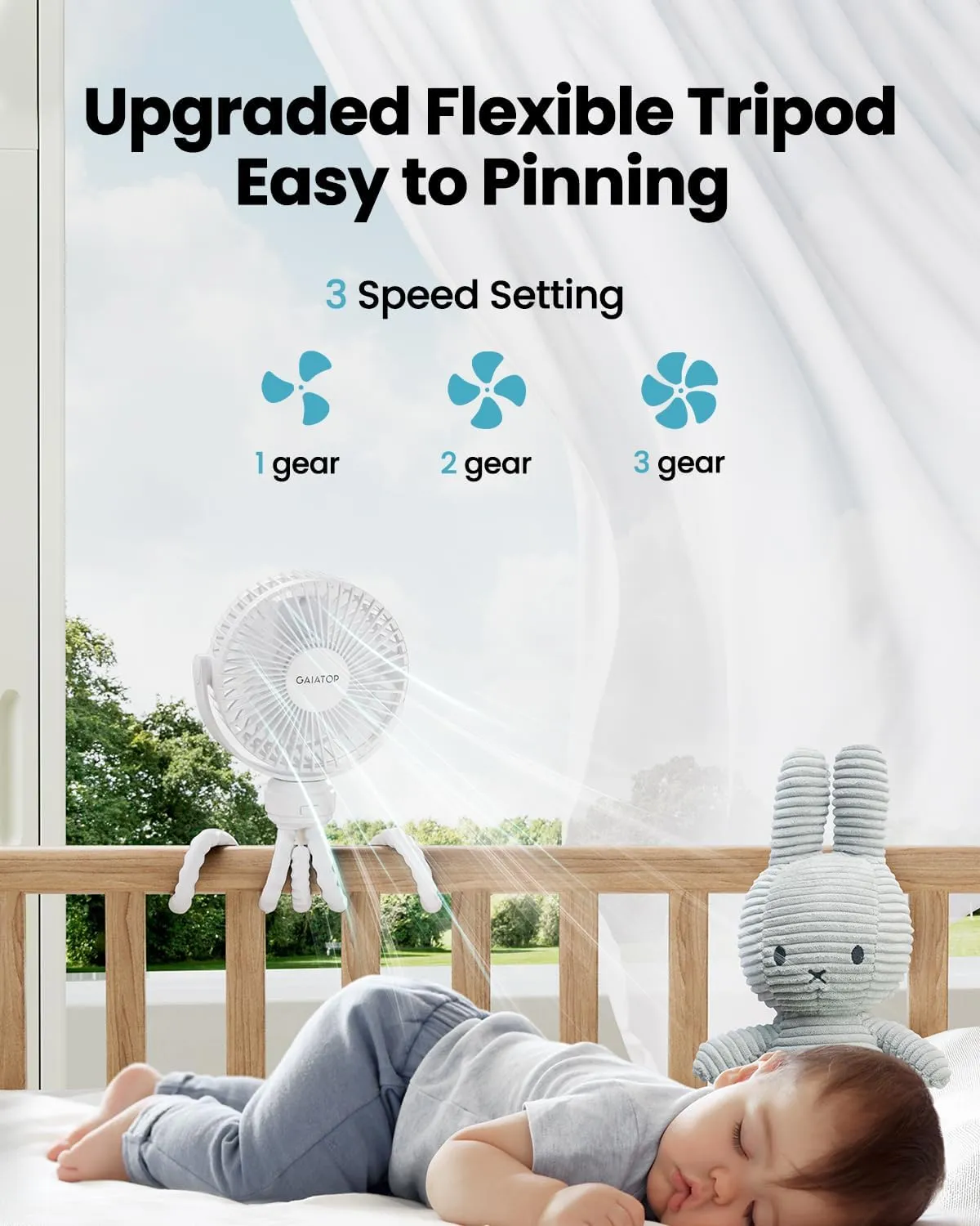 Gaiatop Mini Portable Stroller Fan, Battery Operated Small Clip on, Detachable 3 Speed Rechargeable, 360 Rotate Flexible Tripod Better Cooling for Car Seat Crib Treadmill Travel White