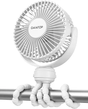 Gaiatop Mini Portable Stroller Fan, Battery Operated Small Clip on, Detachable 3 Speed Rechargeable, 360 Rotate Flexible Tripod Better Cooling for Car Seat Crib Treadmill Travel White Waist-mounted portable fan for outdoor use
