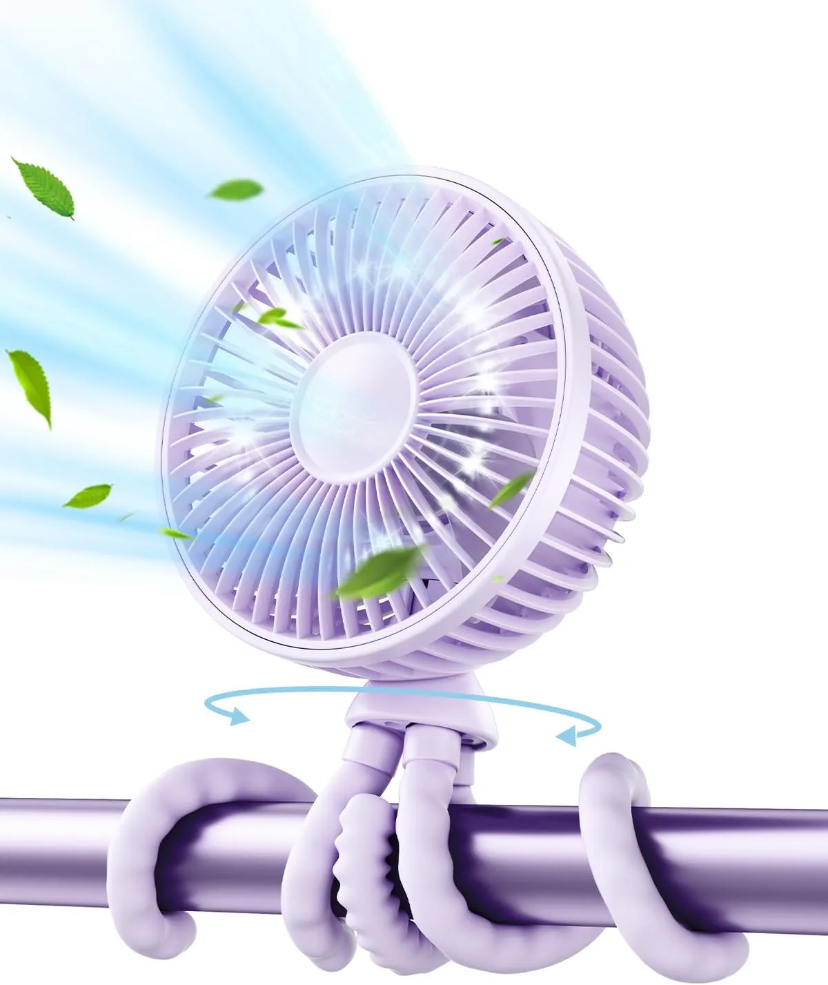 Gaiatop Oscillating Baby Stroller Fan, LED Night Light 4 Speeds Rechargeable 360 Rotate Clip On, Battery Operated Small Portable Cooling Fans for Car Seat Crib Treadmill Travel (Purple) Mini handheld fan for personal cooling