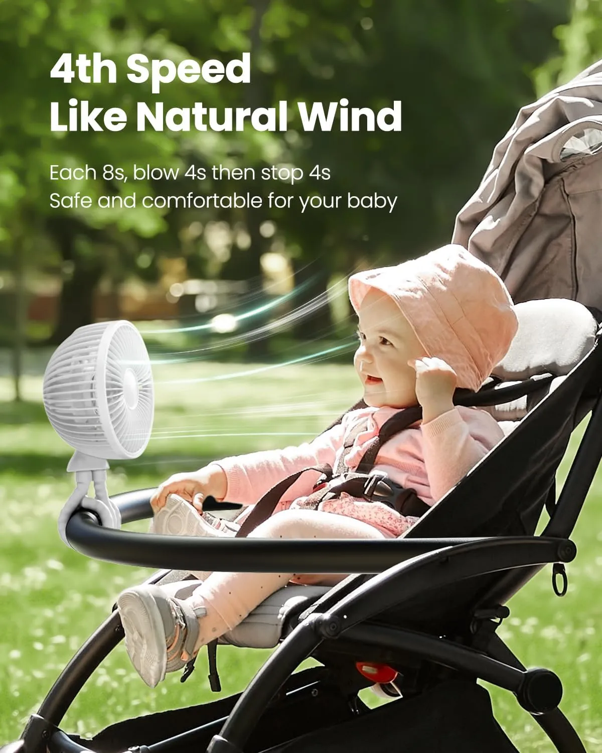 Gaiatop Oscillating Baby Stroller Fan, LED Night Light 4 Speeds Rechargeable 360 Rotate Clip On, Battery Operated Small Portable Cooling Fans for Car Seat Crib Treadmill Travel (White)
