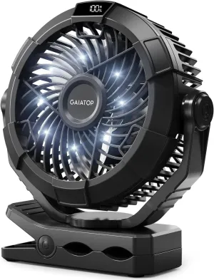 Gaiatop Portable Camping Fan with LED Lantern, 360Rotation and Clip on for Desk, 4000mAh USB Rechargeable Battery Powered, Digital Display and Hanging Hook for Tent Outdoor Travel Bedroom Black 360-degree rotating fan for home use