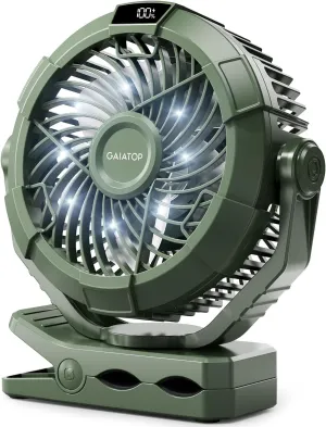 Gaiatop Portable Camping Fan with LED Lantern, 360Rotation and Clip on for Desk, 4000mAh USB Rechargeable Battery Powered, Digital Display and Hanging Hook for Tent Outdoor Travel Bedroom Green 360-degree rotating fan for home use