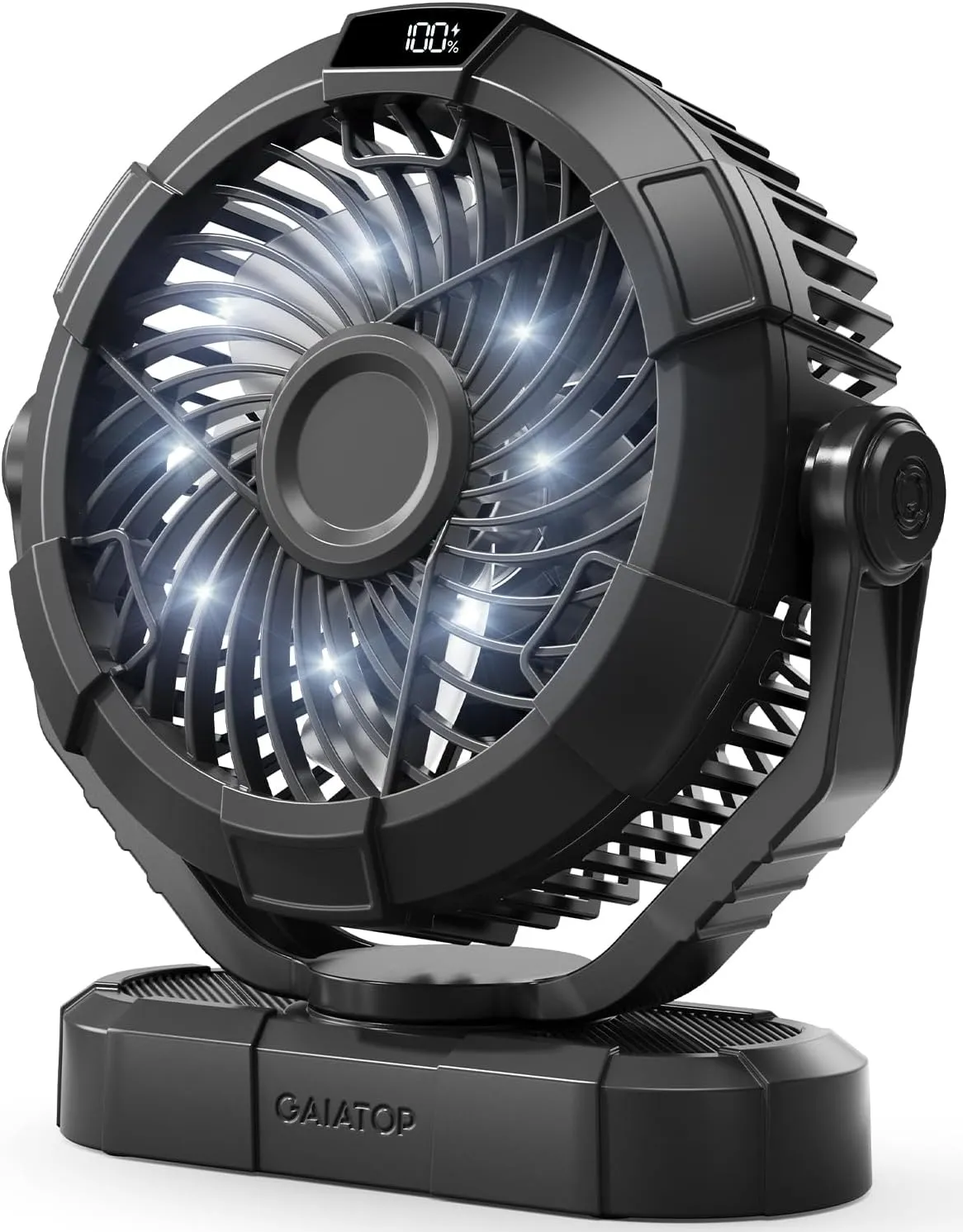 Gaiatop Portable Camping Fan with LED Lantern, Power Display 360 Head Rotation, Hanging Hook for Tent, 3 Speed Quiet Rechargeable, 4000mAh Battery Operated USB Fans for Indoor Outdoor Travel Black 360-degree rotating fan for home use