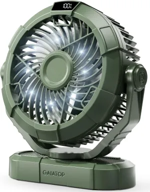Gaiatop Portable Camping Fan with LED Lantern, Power Display 360 Head Rotation, Hanging Hook for Tent, 3 Speed Quiet Rechargeable, 4000mAh Battery Operated USB Fans for Indoor Outdoor Travel Green 360-degree rotating fan for home use