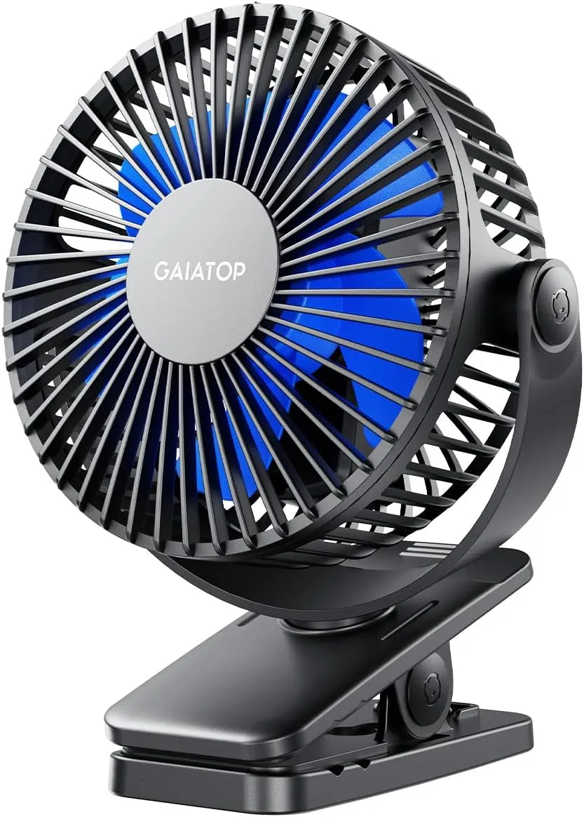 Gaiatop Portable Clip on Fan Battery Operated, Small Powerful 3 Speed Quiet 360 Rotate, USB Rechargeable Mini Personal Cooling Fan for Desk Table Home Office Stroller Camping Women Gifts Black Blue Waist-mounted portable fan for outdoor use
