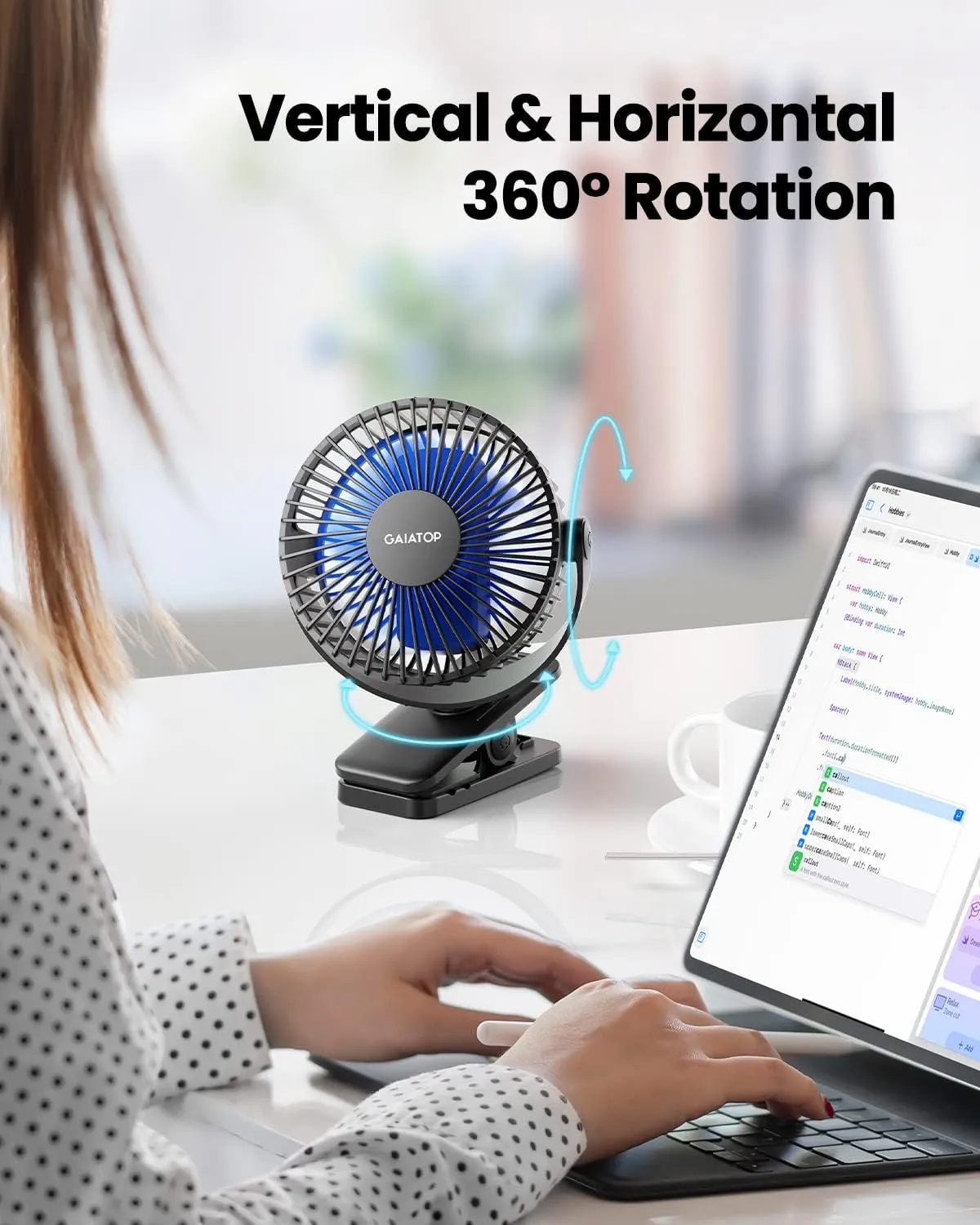Gaiatop Portable Clip on Fan Battery Operated, Small Powerful 3 Speed Quiet 360 Rotate, USB Rechargeable Mini Personal Cooling Fan for Desk Table Home Office Stroller Camping Women Gifts Black Blue