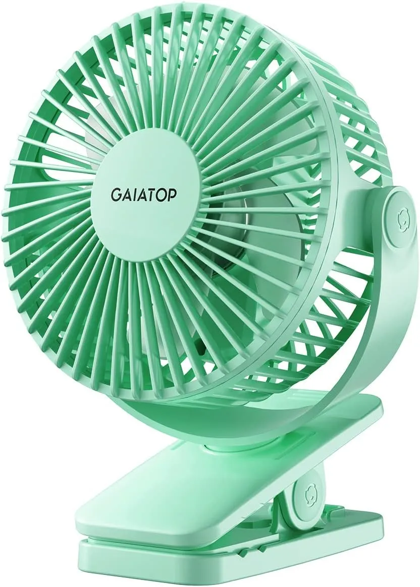 Gaiatop Portable Clip on Fan Battery Operated, Small Powerful 3 Speed Quiet 360 Rotate, USB Rechargeable Mini Personal Cooling Fan for Desk Table Home Office Stroller Camping Women Gifts Green Waist-mounted portable fan for outdoor use