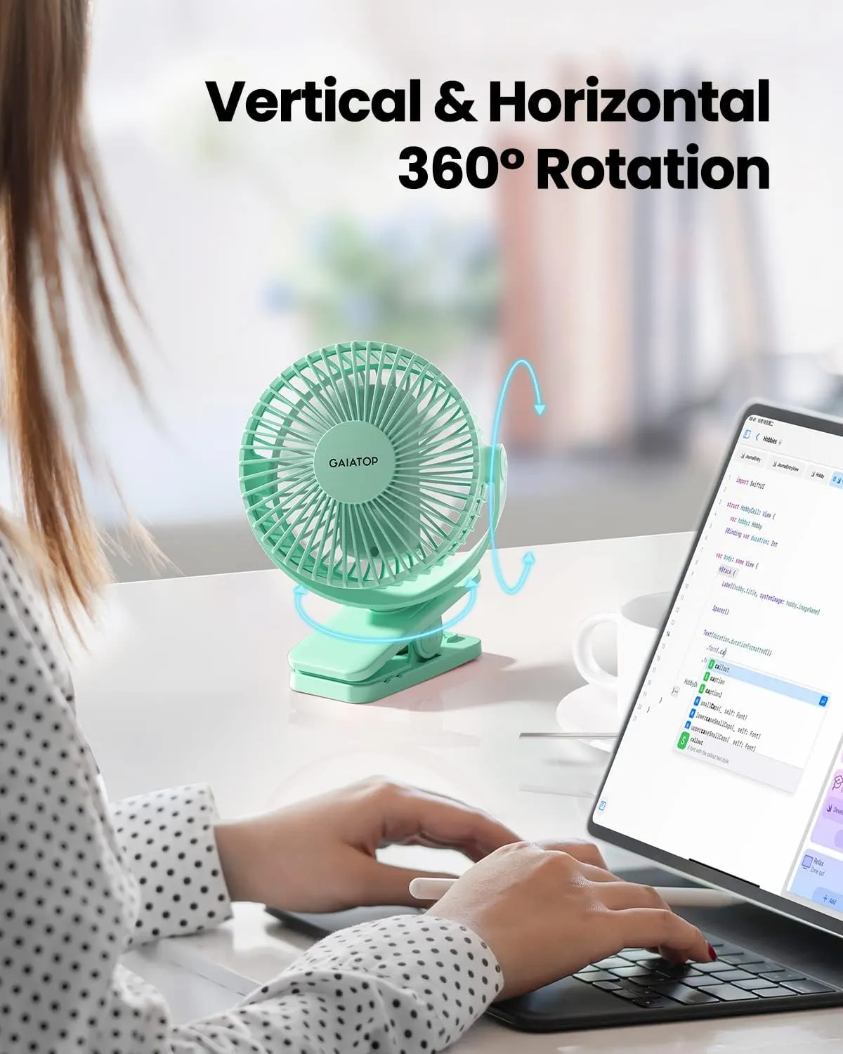 Gaiatop Portable Clip on Fan Battery Operated, Small Powerful 3 Speed Quiet 360 Rotate, USB Rechargeable Mini Personal Cooling Fan for Desk Table Home Office Stroller Camping Women Gifts Green