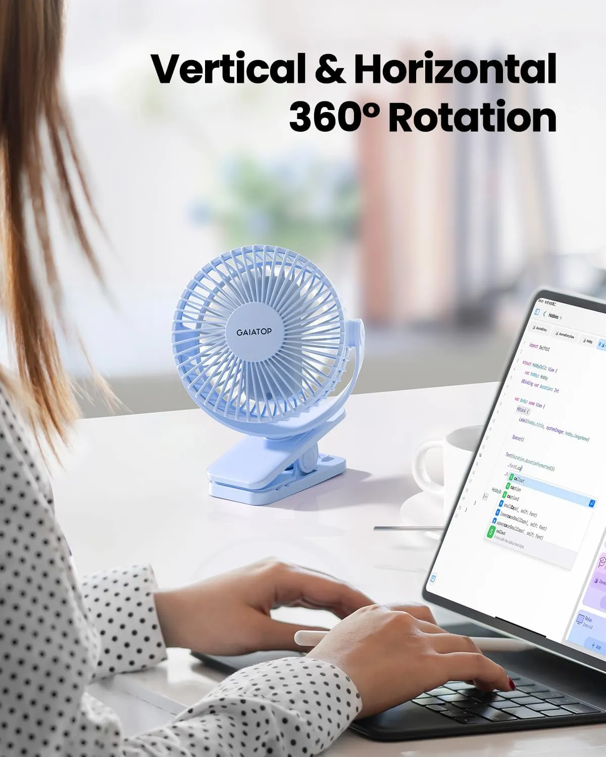Gaiatop Portable Clip on Fan Battery Operated, Small Powerful 3 Speed Quiet 360 Rotate, USB Rechargeable Mini Personal Cooling Fan for Desk Table Home Office Stroller Camping Women Gifts Light Blue