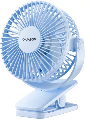 Gaiatop Portable Clip on Fan Battery Operated, Small Powerful 3 Speed Quiet 360 Rotate, USB Rechargeable Mini Personal Cooling Fan for Desk Table Home Office Stroller Camping Women Gifts Light Blue Waist-mounted portable fan for outdoor use