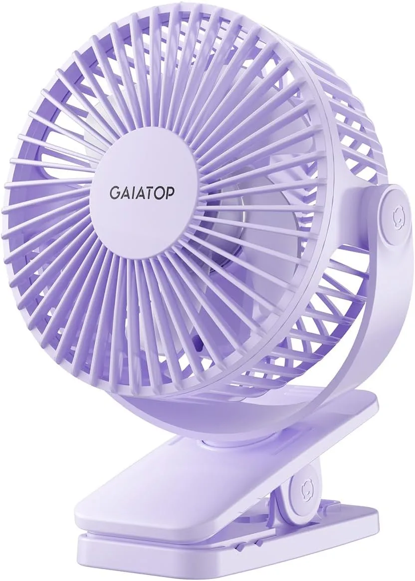 Gaiatop Portable Clip on Fan Battery Operated, Small Powerful 3 Speed Quiet 360 Rotate, USB Rechargeable Mini Personal Cooling Fan for Desk Table Home Office Stroller Camping Women Gifts Purple Waist-mounted portable fan for outdoor use