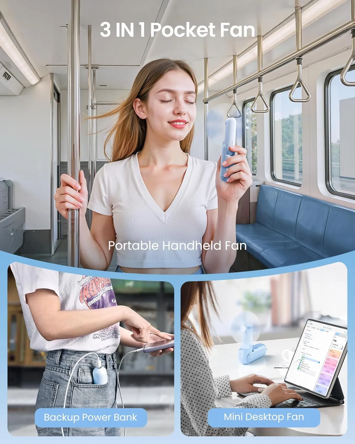 GAIATOP Portable Handheld Fan, 3 IN 1 Mini Foldable Travel Fans [17H Max Cooling Time] with Power Bank, Pocket Design USB Rechargeable for Travel Concert Lash Makeup, Summer Gifts for Women Girl, Blue