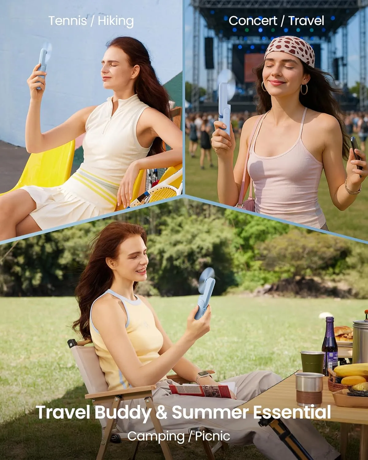 GAIATOP Portable Handheld Fan, 3 IN 1 Mini Foldable Travel Fans [17H Max Cooling Time] with Power Bank, Pocket Design USB Rechargeable for Travel Concert Lash Makeup, Summer Gifts for Women Girl, Blue