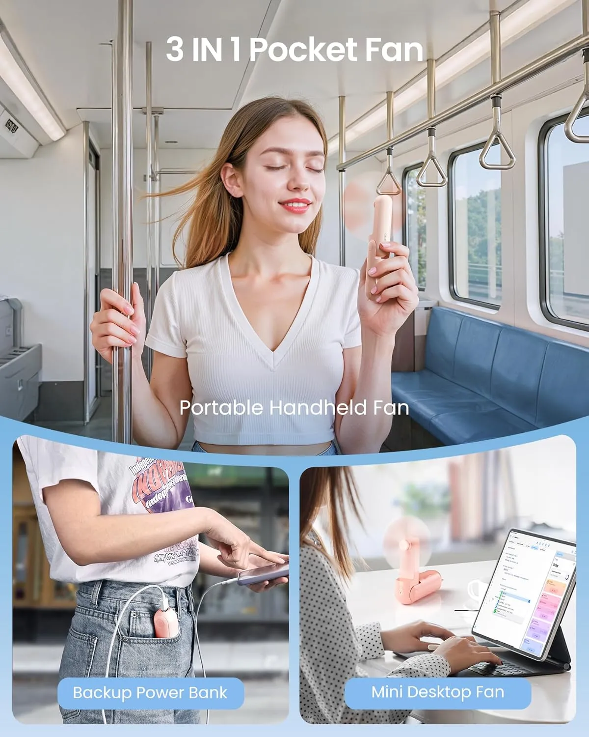 GAIATOP Portable Handheld Fan, 3 IN 1 Mini Foldable Travel Fans [17H Max Cooling Time] with Power Bank, Pocket Design USB Rechargeable for Travel Concert Lash Makeup, Summer Gifts for Women Girl, Pink