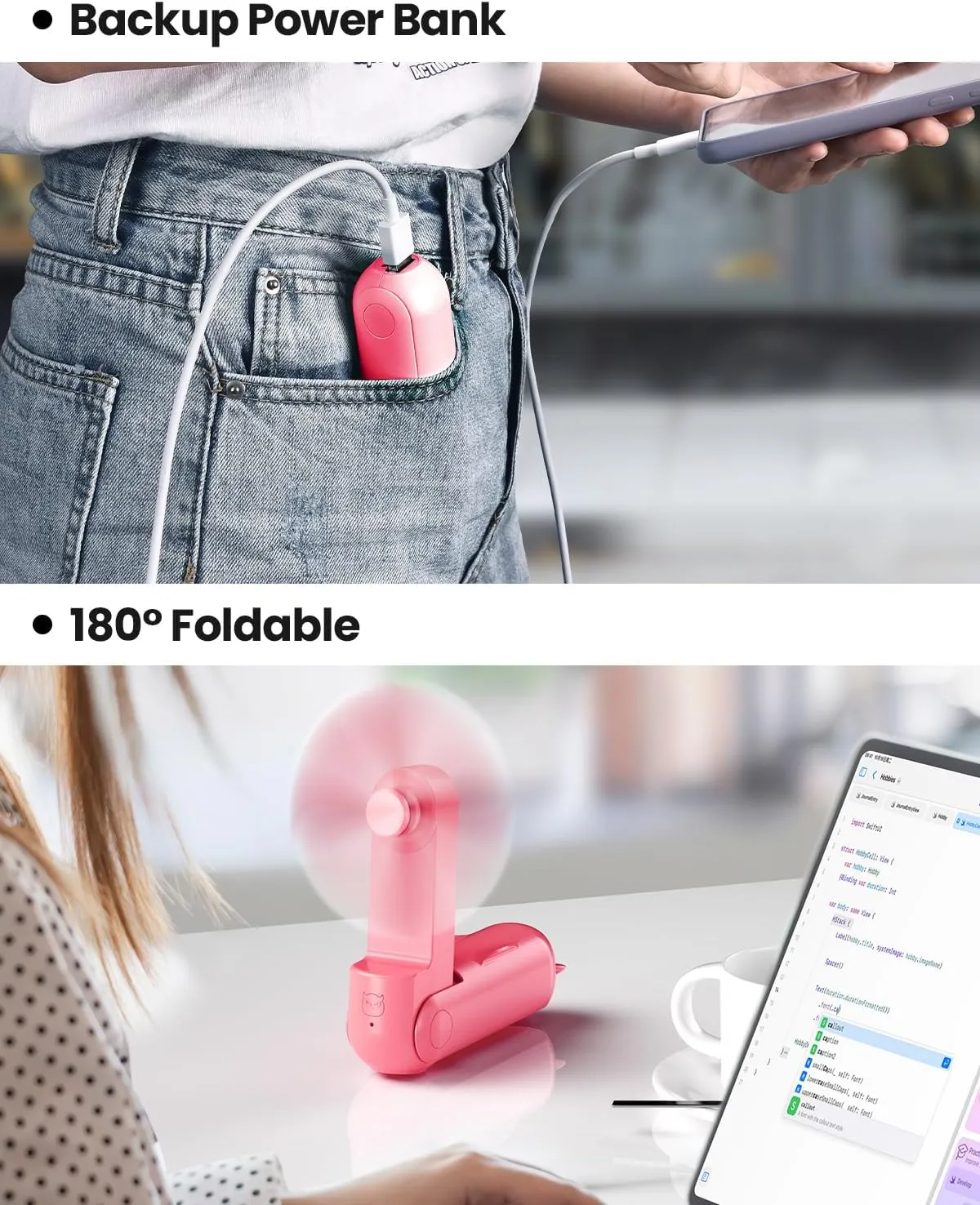 GAIATOP Portable Handheld Fan, 3 IN 1 Mini Foldable Travel Fans [17H Max Cooling Time] with Power Bank, Pocket Design USB Rechargeable for Travel Concert Lash Makeup, Summer Gifts for Women Girl, Rose