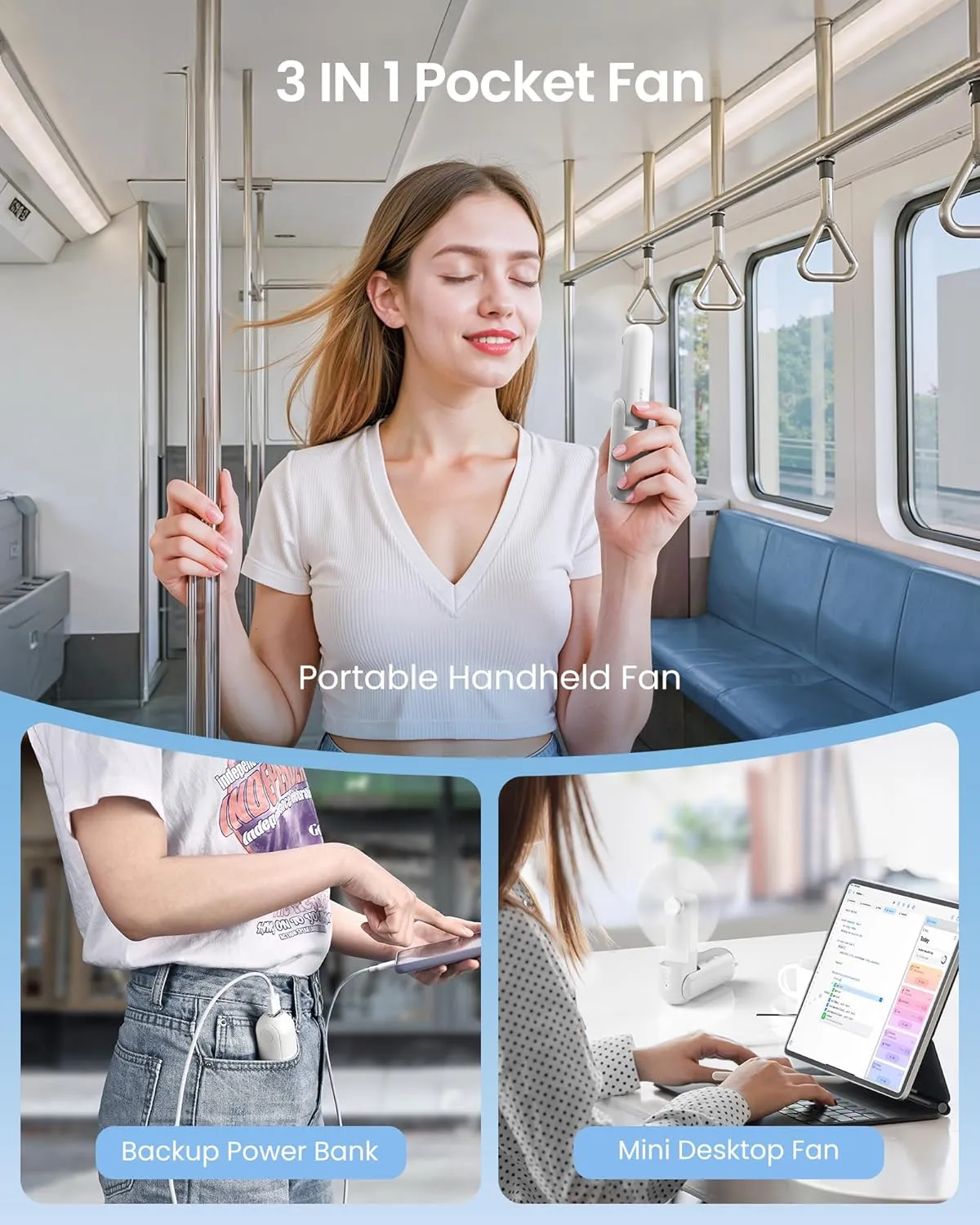GAIATOP Portable Handheld Fan, 3 IN 1 Mini Foldable Travel Fans [17H Max Cooling Time] with Power Bank, Pocket Design USB Rechargeable for Travel Concert Lash Makeup, Summer Gifts for Women Girl White