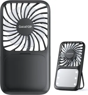 Gaiatop Portable Handheld Fan, Folding Stand for Desktop, 3 Speed LED Makeup Mirror with Light, Rechargeable Mini Personal Fans Small Travel Essentials Gifts for Women Girls Black Mini handheld fan for personal cooling
