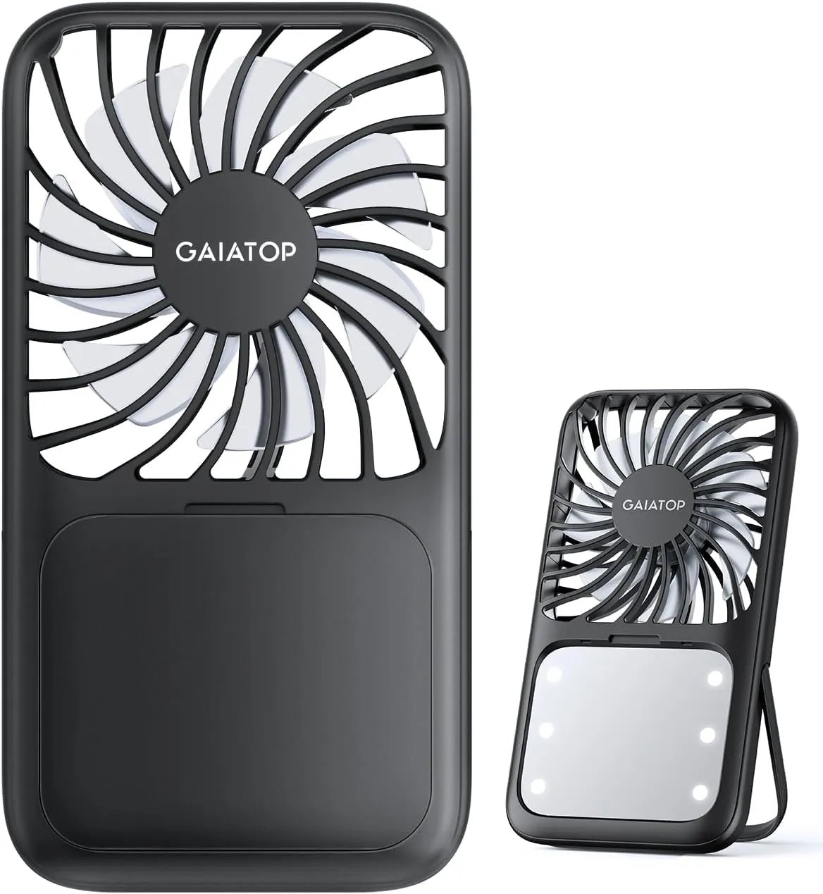 Gaiatop Portable Handheld Fan, Folding Stand for Desktop, 3 Speed LED Makeup Mirror with Light, Rechargeable Mini Personal Fans Small Travel Essentials Gifts for Women Girls Black Mini handheld fan for personal cooling