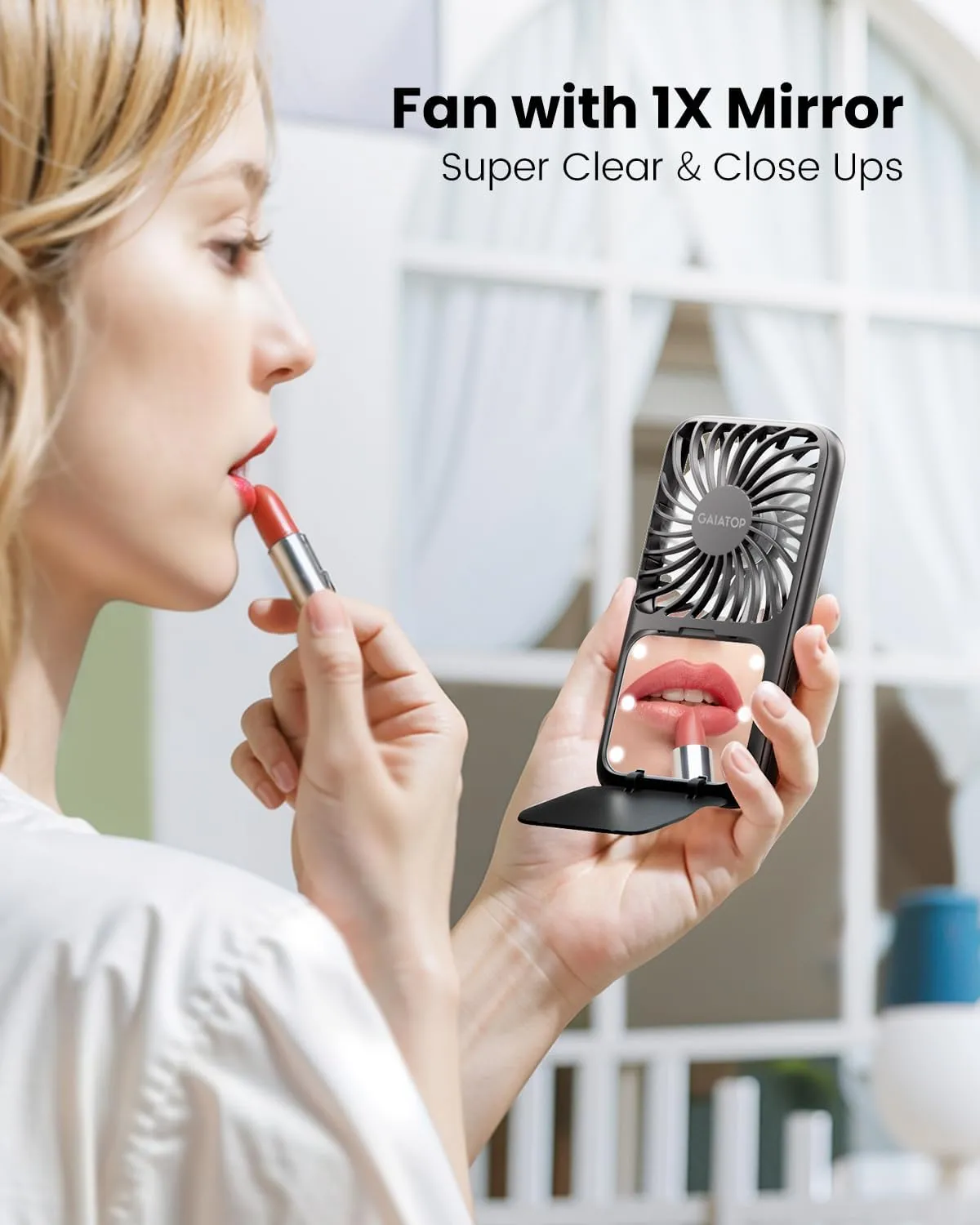 Gaiatop Portable Handheld Fan, Folding Stand for Desktop, 3 Speed LED Makeup Mirror with Light, Rechargeable Mini Personal Fans Small Travel Essentials Gifts for Women Girls Black