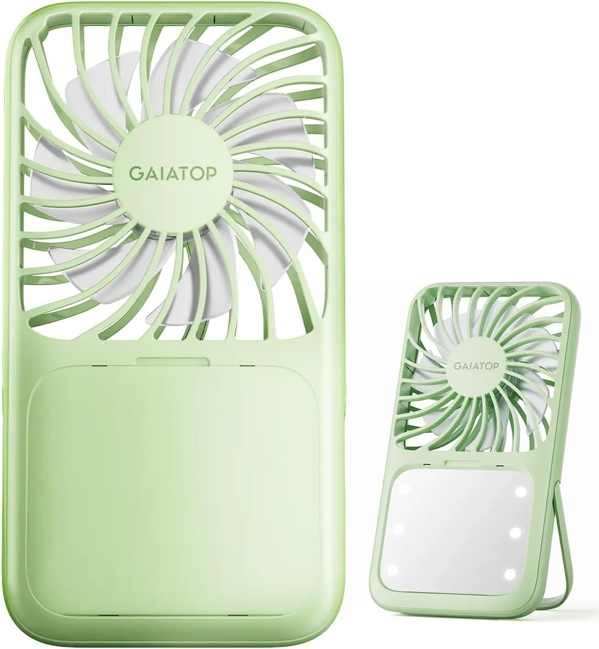 Gaiatop Portable Handheld Fan, Folding Stand for Desktop, 3 Speed LED Makeup Mirror with Light, Rechargeable Mini Personal Fans Small Travel Essentials Gifts for Women Girls Green Mini handheld fan for personal cooling