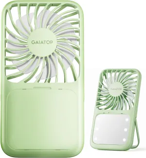 Gaiatop Portable Handheld Fan, Folding Stand for Desktop, 3 Speed LED Makeup Mirror with Light, Rechargeable Mini Personal Fans Small Travel Essentials Gifts for Women Girls Green Mini handheld fan for personal cooling