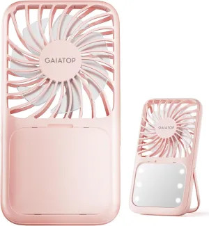 Gaiatop Portable Handheld Fan, Folding Stand for Desktop, 3 Speed LED Makeup Mirror with Light, Rechargeable Mini Personal Fans Small Travel Essentials Gifts for Women Girls Pink Mini handheld fan for personal cooling