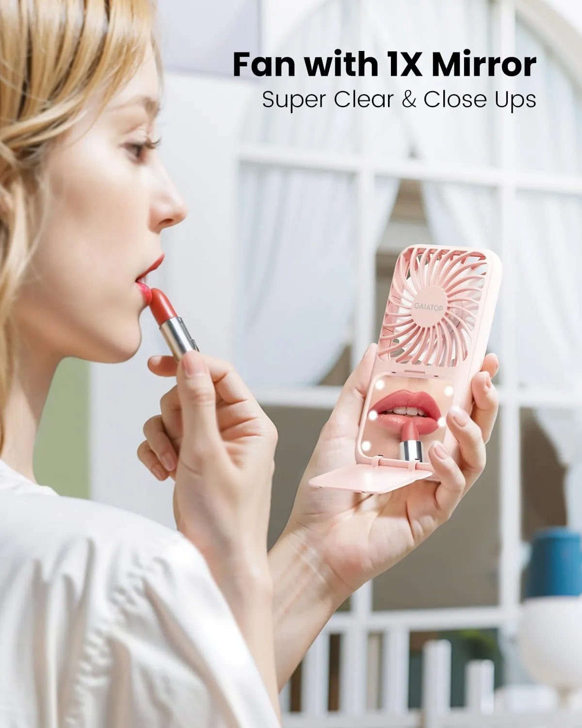 Gaiatop Portable Handheld Fan, Folding Stand for Desktop, 3 Speed LED Makeup Mirror with Light, Rechargeable Mini Personal Fans Small Travel Essentials Gifts for Women Girls Pink