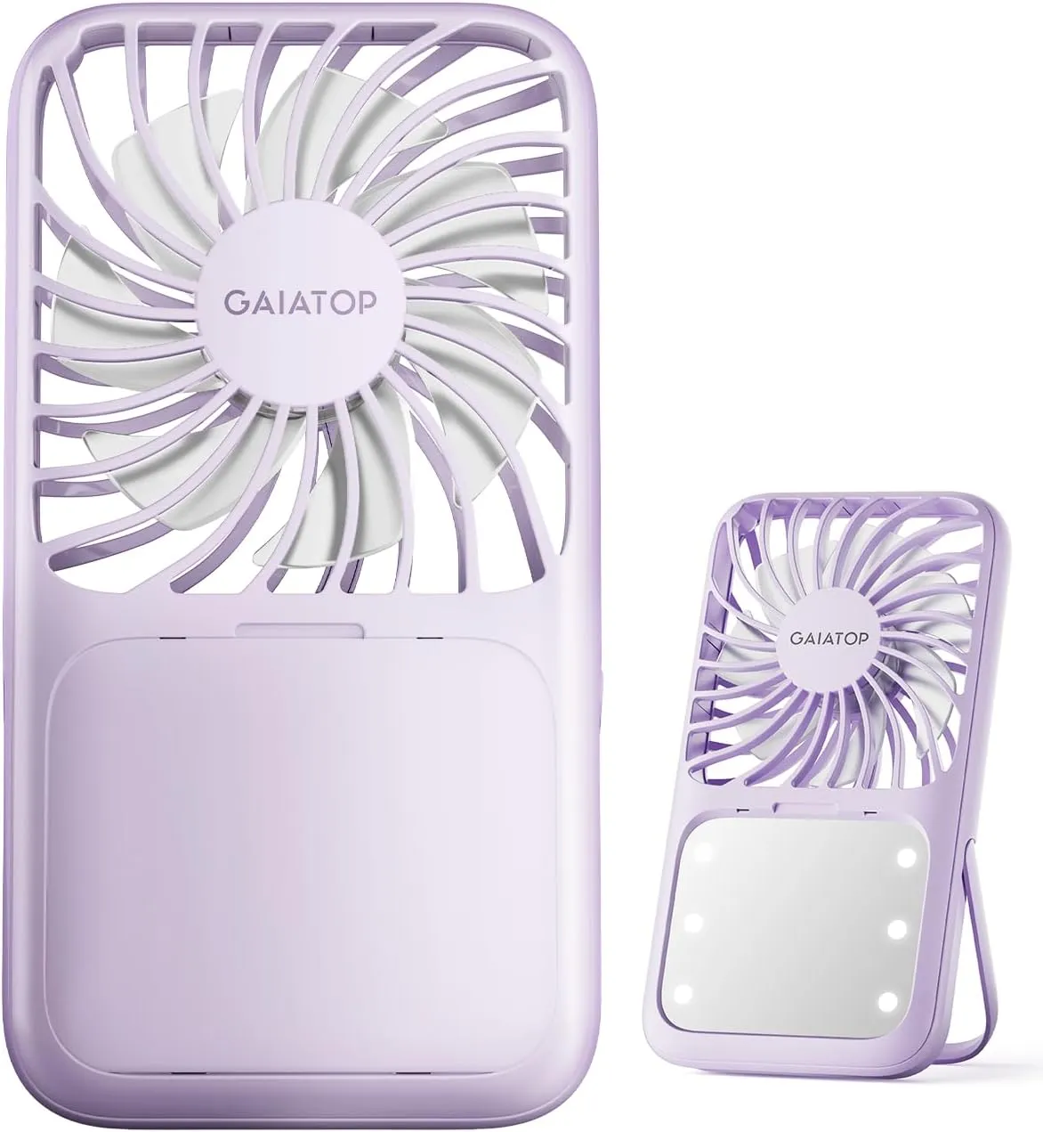 Gaiatop Portable Handheld Fan, Folding Stand for Desktop, 3 Speed LED Makeup Mirror with Light, Rechargeable Mini Personal Fans Small Travel Essentials Gifts for Women Girls Purple Mini handheld fan for personal cooling