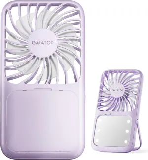 Gaiatop Portable Handheld Fan, Folding Stand for Desktop, 3 Speed LED Makeup Mirror with Light, Rechargeable Mini Personal Fans Small Travel Essentials Gifts for Women Girls Purple Mini handheld fan for personal cooling