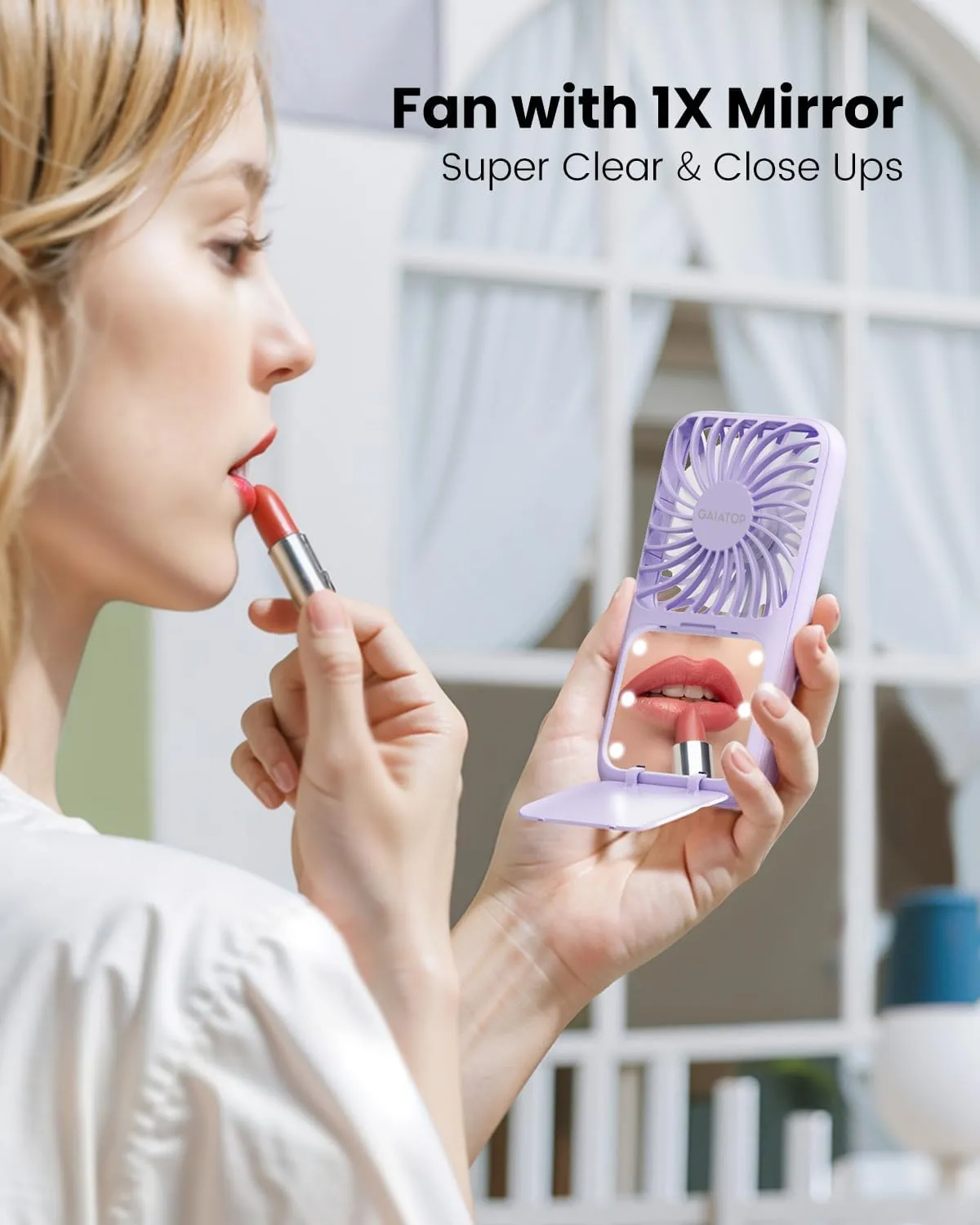 Gaiatop Portable Handheld Fan, Folding Stand for Desktop, 3 Speed LED Makeup Mirror with Light, Rechargeable Mini Personal Fans Small Travel Essentials Gifts for Women Girls Purple