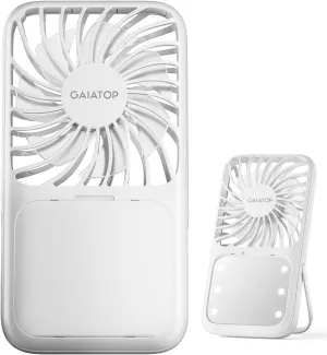 Gaiatop Portable Handheld Fan, Folding Stand for Desktop, 3 Speed LED Makeup Mirror with Light, Rechargeable Mini Personal Fans Small Travel Essentials Gifts for Women Girls White Mini handheld fan for personal cooling